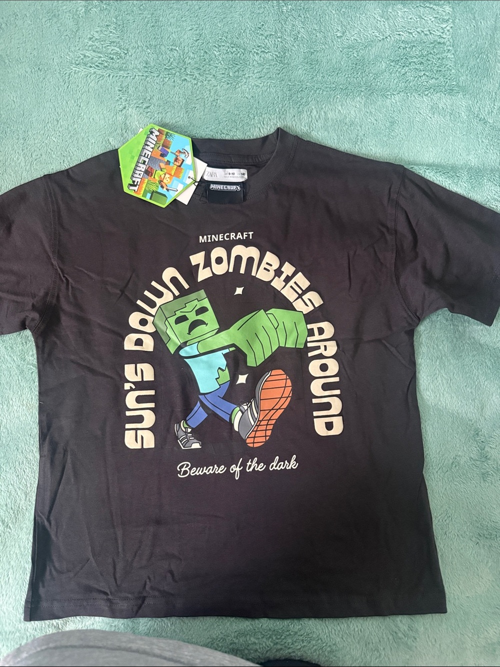 Zara Black Graphic Minecraft Zombie Tee with Green and Orange Print